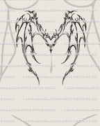 cyber sigil heart with devil inspired wings tattoo placed under the bust, spiky neotribal outline flowing along sternum and ribs for feminine edge

