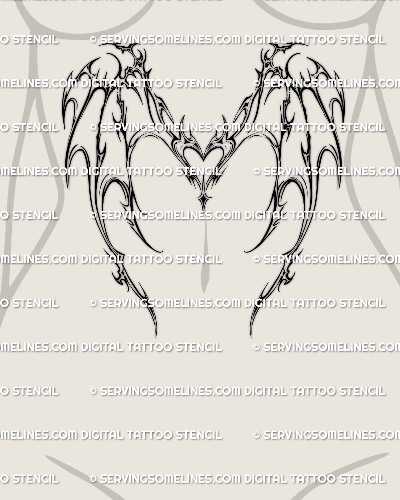 cyber sigil heart with devil inspired wings tattoo placed under the bust, spiky neotribal outline flowing along sternum and ribs for feminine edge
