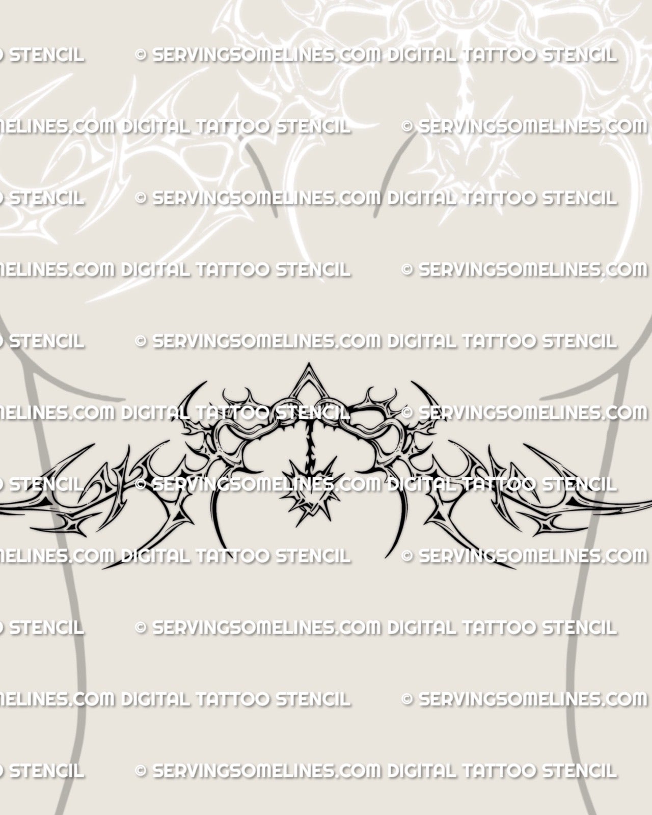 underboob tattoo stencil for women with cyber ornamental curves and neotribal accents shown on underbust placement