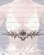 Underbust gothic floral rose tattoo stencil shown on female placement, ornamental rose linework created as a downloadable tattoo stencil file