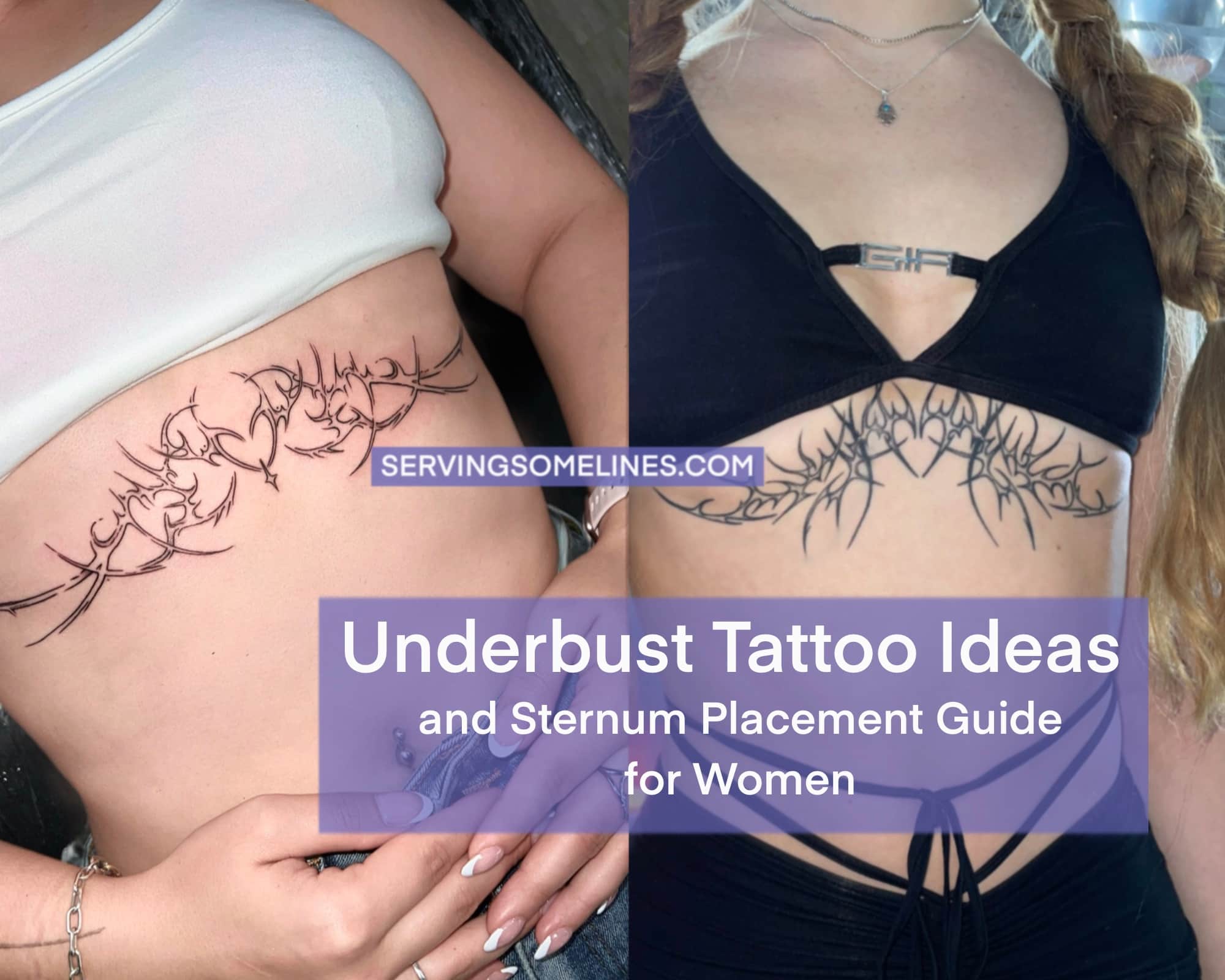 underbust tattoo ideas shown on two women, cyber tribal and neotribal sternum designs framing the ribs in a chest contour placement example