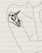 Unicorn skull fine line tattoo displayed on woman’s arm placement, gothic linework with melting horn design, digital stencil preview. 