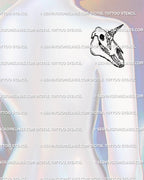 Unicorn skull gothic blackwork tattoo displayed on back shoulder placement, minimal line art style digital stencil download preview.