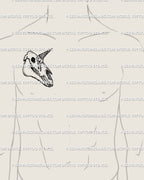 Gothic unicorn skull tattoo stencil shown on male side chest placement, weirdcore fine line skull design with melting cone horn detail. 