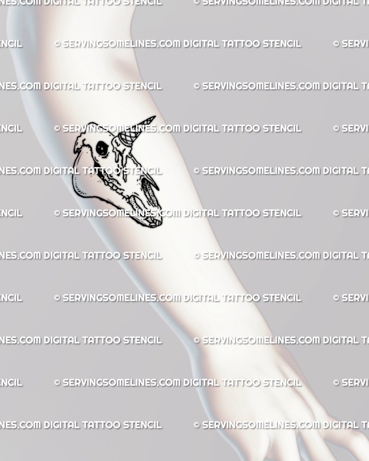 Small unicorn skull tattoo stencil displayed on forearm placement, detailed fine line skull with dripping horn gothic digital design.