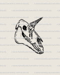 Hand-drawn unicorn skull tattoo stencil in gothic fine line style, melting cone horn detail shown as digital stencil preview design.