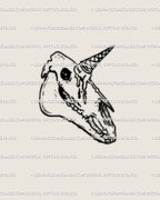 Hand-drawn unicorn skull tattoo stencil in gothic fine line style, melting cone horn detail shown as digital stencil preview design.