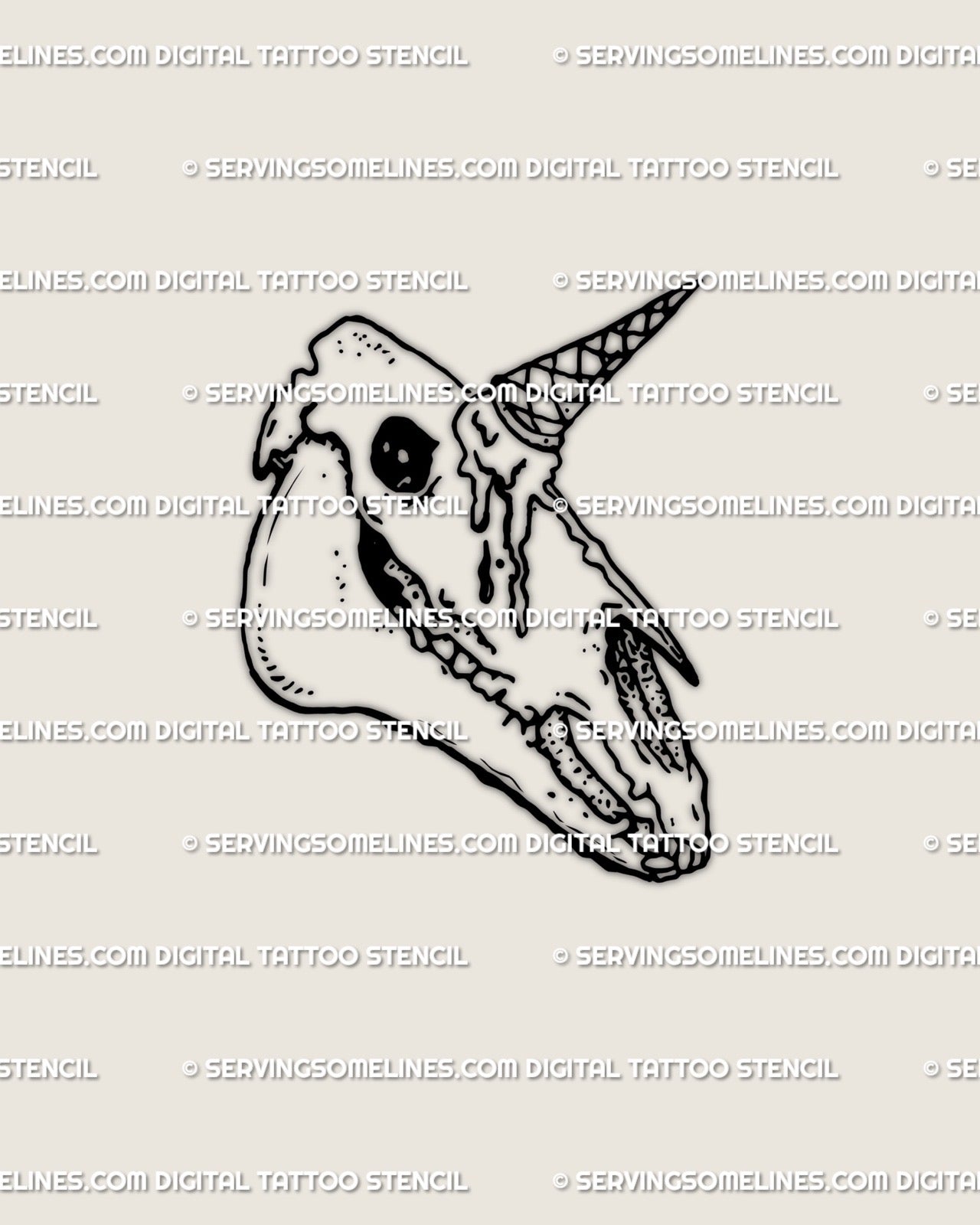 Hand-drawn unicorn skull tattoo stencil in gothic fine line style, melting cone horn detail shown as digital stencil preview design.