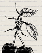 Unique cherry tattoo design with barbed wire stem, gothic small tattoo flash for alternative or punk aesthetic lovers.