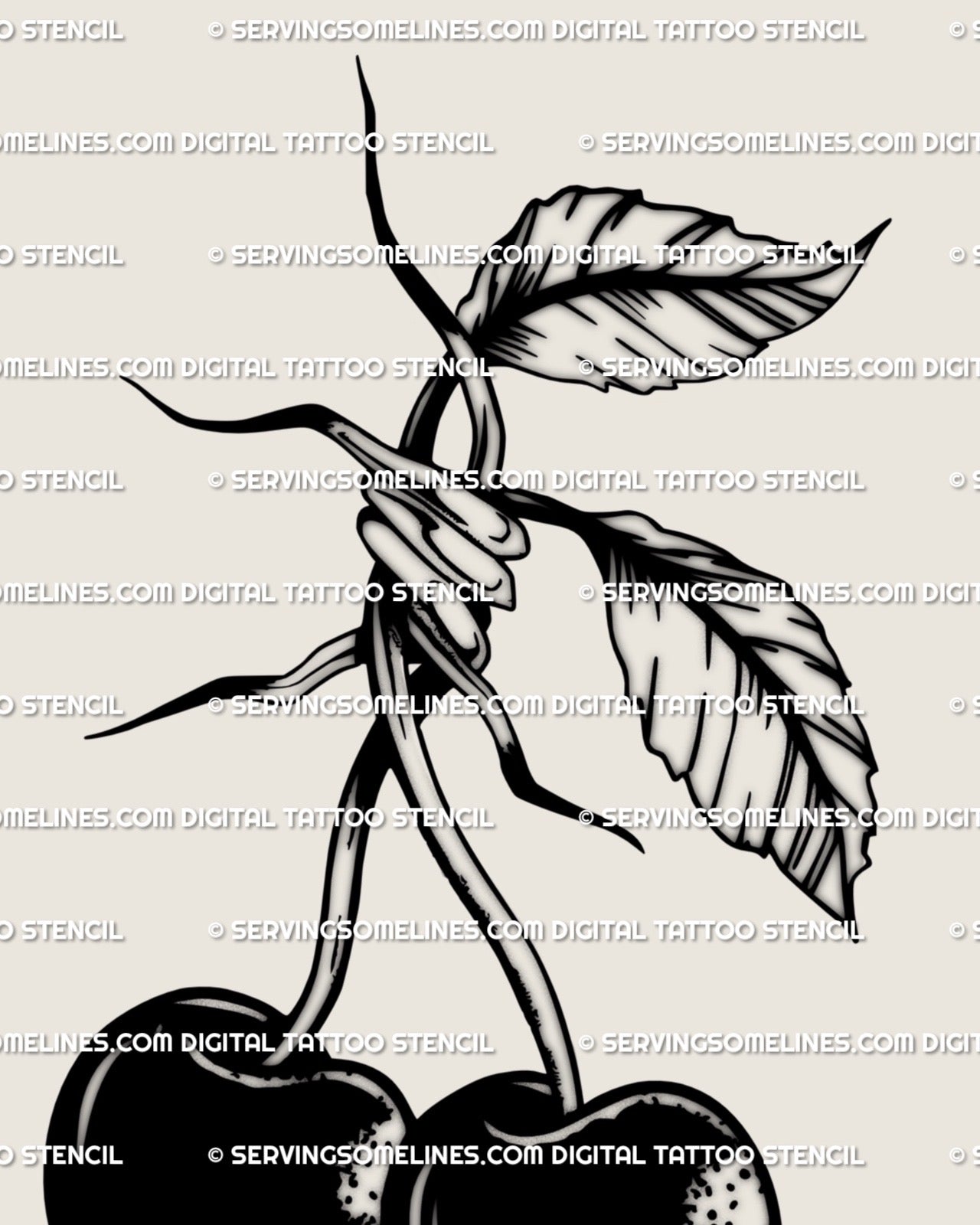 Unique cherry tattoo design with barbed wire stem, gothic small tattoo flash for alternative or punk aesthetic lovers.