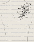Unique ornamental flower tattoo design on female chest side, cybersigilism floral flash mixing gothic softness with spiky tribal art.
