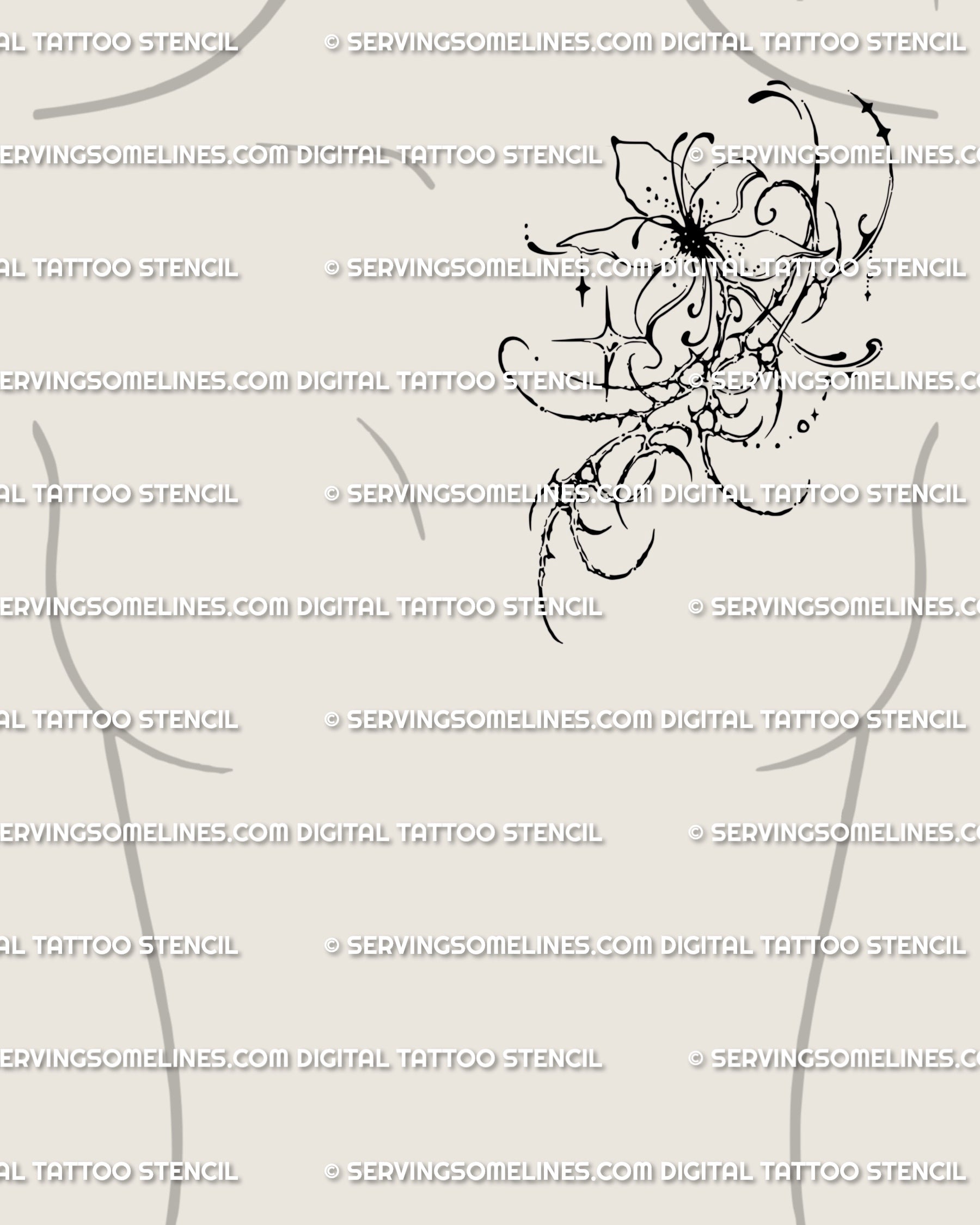 Unique ornamental flower tattoo design on female chest side, cybersigilism floral flash mixing gothic softness with spiky tribal art.
