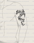 Digital blackwork dragon tattoo stencil with tribal flame body displayed on men’s upper arm, balanced vertical cyber design.