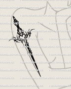 women’s upper arm mockup showing a delicate gothic dagger and heart tattoo with ornamental blackwork, placed vertically for a clean arm contour