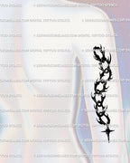 Gothic upper arm tattoo stencil in neotribal chain style, spiky blackwork lines with star charm dropping below tricep, occult tattoo idea for arm design.