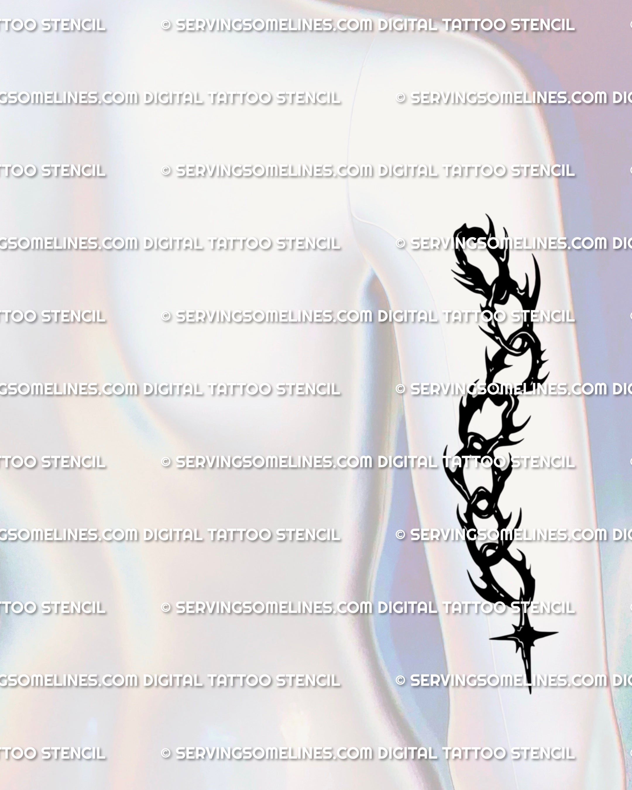 Gothic upper arm tattoo stencil in neotribal chain style, spiky blackwork lines with star charm dropping below tricep, occult tattoo idea for arm design.