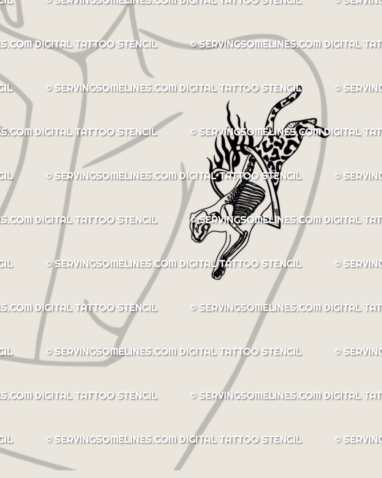 Women’s upper arm tattoo stencil showing gothic weirdcore cheetah with leopard print spots and flaming hoop, digital tattoo preview. 