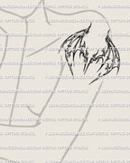 Women’s upper arm wing tattoo stencil placement preview, curved cyber-sigil wing shape, clean lines for transfer, digital files