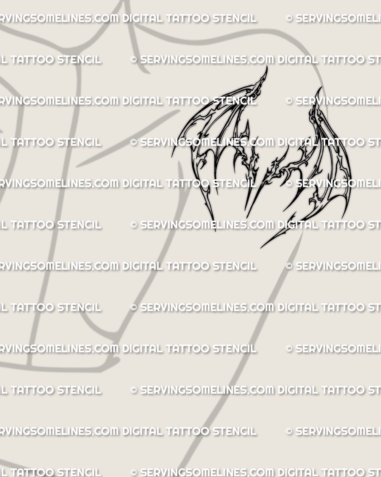 Women’s upper arm wing tattoo stencil placement preview, curved cyber-sigil wing shape, clean lines for transfer, digital files