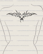 Angel wings tattoo displayed on upper back, heart and ribbon in cyber-sigilism neotribal style for modern angelcore wing design.