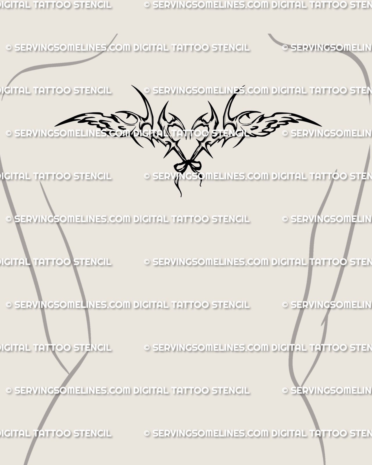 Angel wings tattoo displayed on upper back, heart and ribbon in cyber-sigilism neotribal style for modern angelcore wing design.