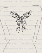 Neotribal corset bow butterfly tattoo placed on upper back, delicate fairycore wing layout with symmetrical gothic curves.