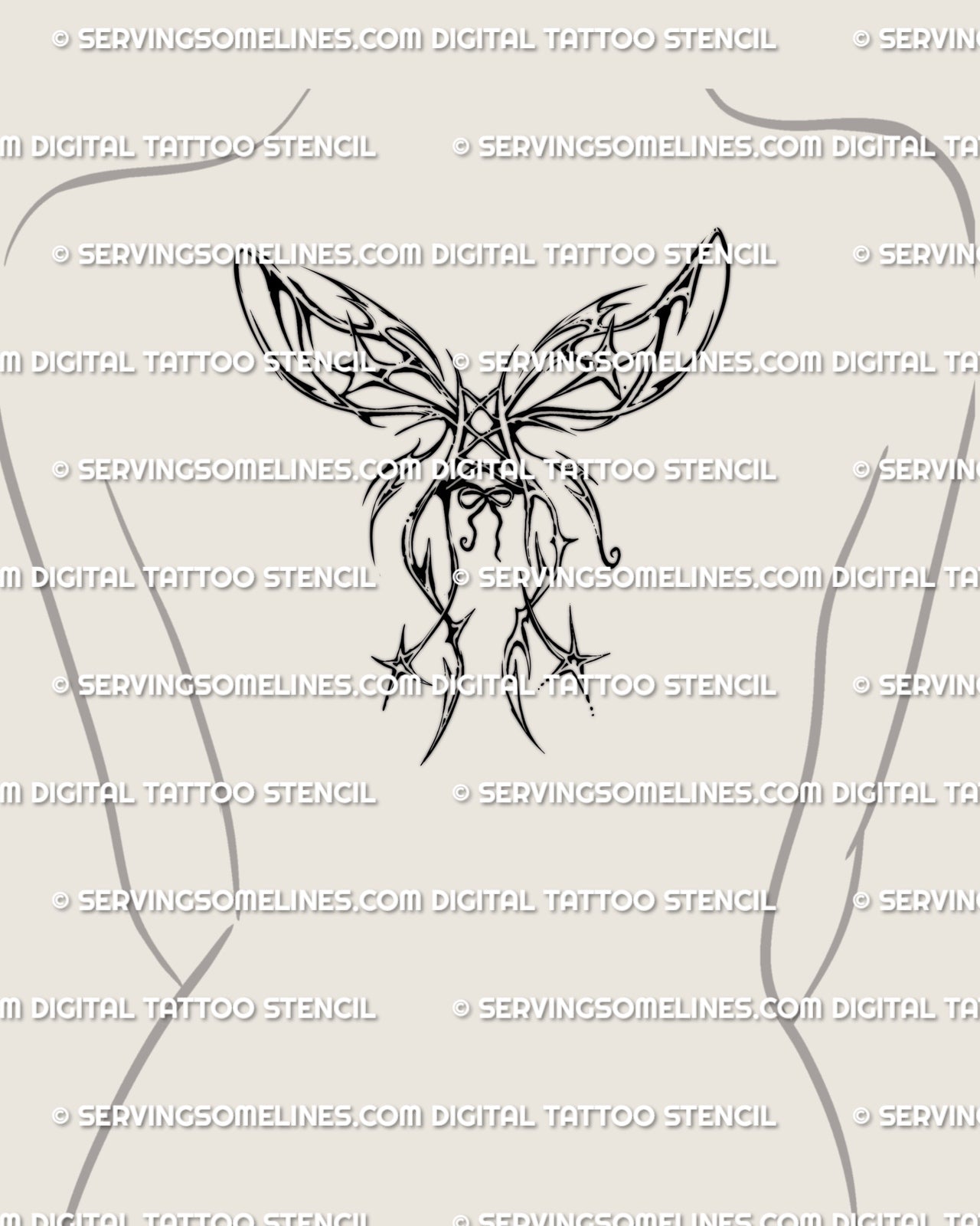 Neotribal corset bow butterfly tattoo placed on upper back, delicate fairycore wing layout with symmetrical gothic curves.