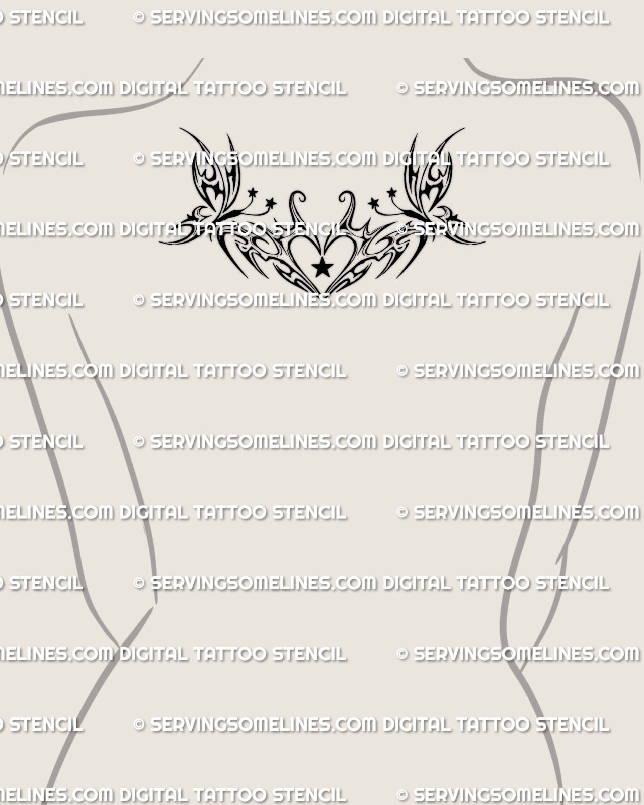 upper back centered butterfly tribal heart tattoo with star accents and decorative cyber tribal curves creating a balanced shape
