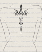 Upper back center mockup displaying bat wings sword tattoo stencil, gothic cybercore fantasy blade design for spine or sternum tattoo ideas.