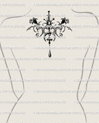 Pendant tattoo stencil centered on the upper back with gothic baroque curves, crescent moon, stars and cross shapes shown as a clear digital placement preview