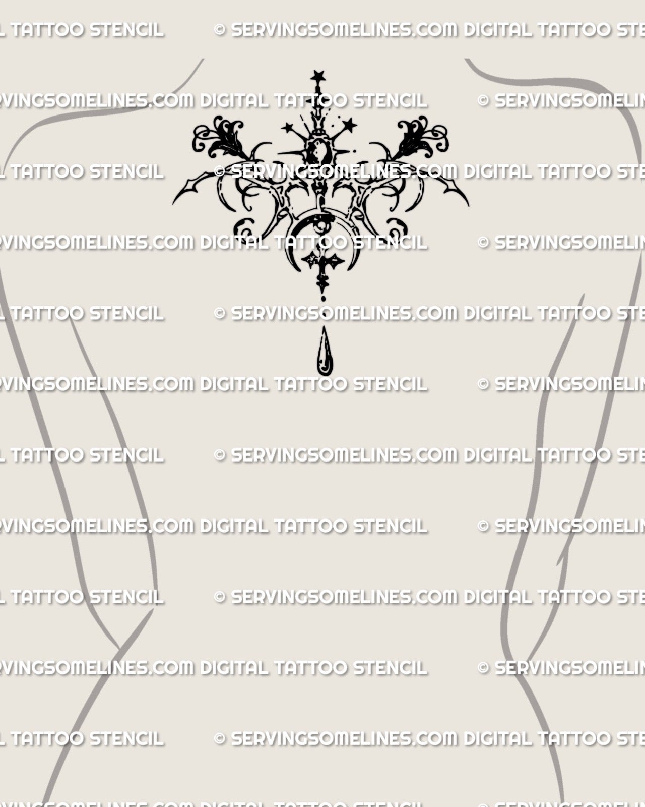 Pendant tattoo stencil centered on the upper back with gothic baroque curves, crescent moon, stars and cross shapes shown as a clear digital placement preview