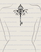 Royal gothic winged key tattoo stencil centered on the upper back, creating a symmetrical ornamental focal point with dark gothic elegance.

