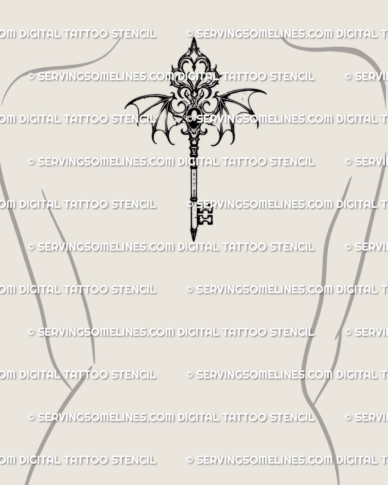 Royal gothic winged key tattoo stencil centered on the upper back, creating a symmetrical ornamental focal point with dark gothic elegance.
