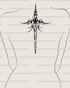 Mockup of digital Scorpio sword tattoo design placed on upper back center, tribal butterfly-like wings with dark aura and astrological symbolism. 