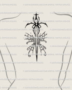 Upper back center placement — spider sword tattoo with webbed butterfly wings; vertical blade reading like a spine, ornamental gothic back piece with balanced symmetry.