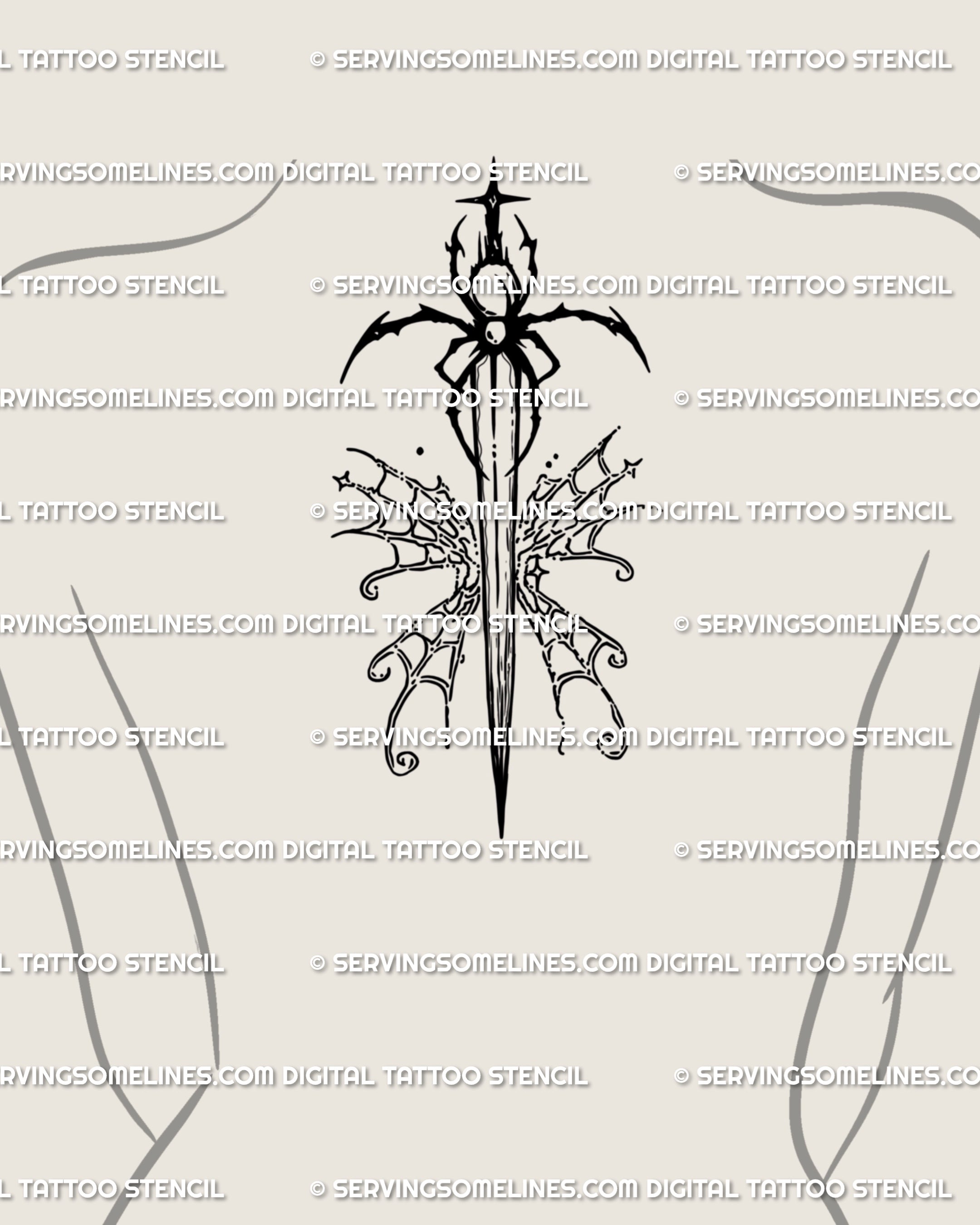 Upper back center placement — spider sword tattoo with webbed butterfly wings; vertical blade reading like a spine, ornamental gothic back piece with balanced symmetry.