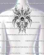 Upper back cybersigilism seraphim angel tattoo preview with central eye, six wings, and dark sacred cyber linework