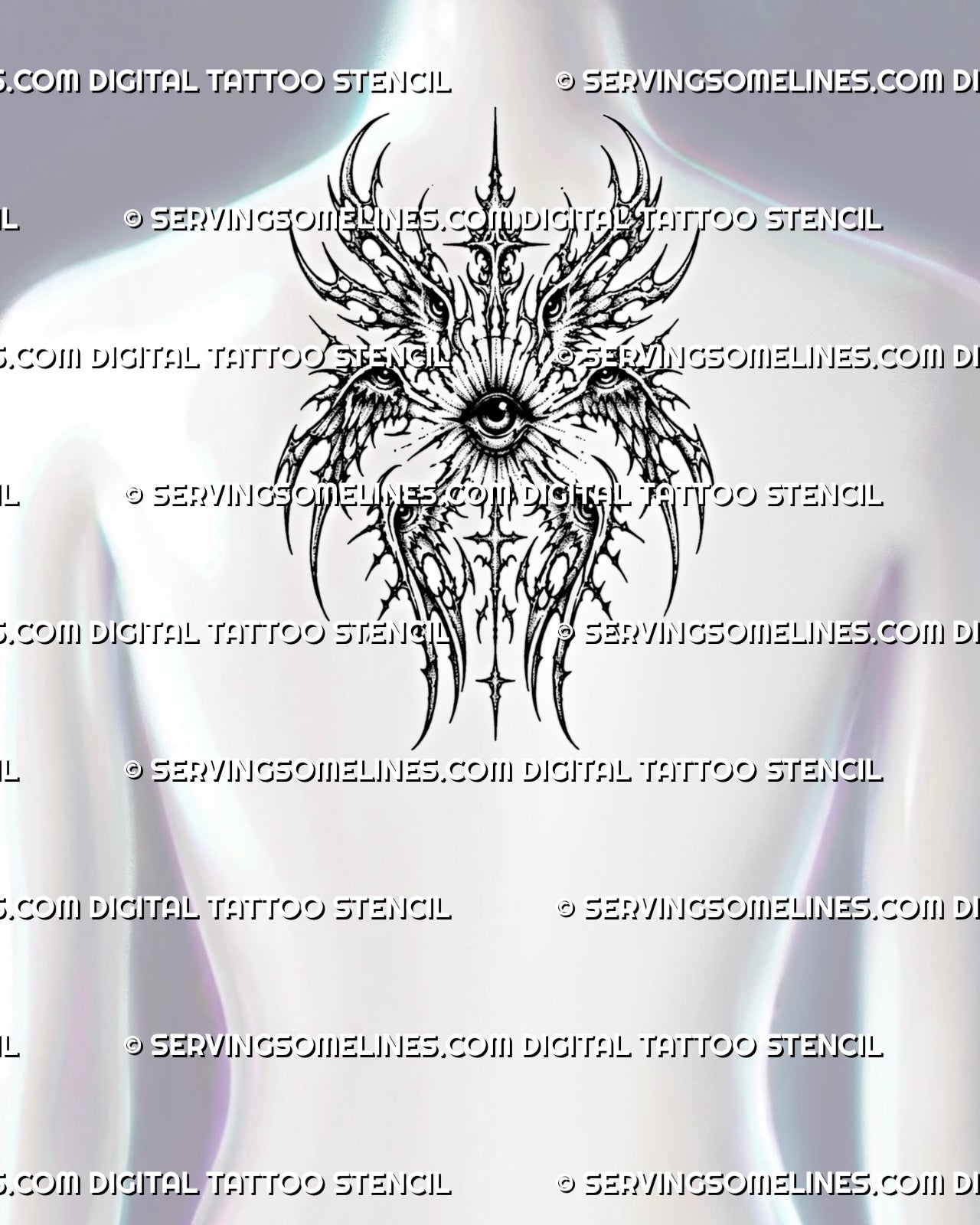 Upper back cybersigilism seraphim angel tattoo preview with central eye, six wings, and dark sacred cyber linework