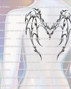 cyber heart dragon wings tattoo shown on upper back placement, spiky cyber tribal wings stretching across shoulder blades for a bold backpiece