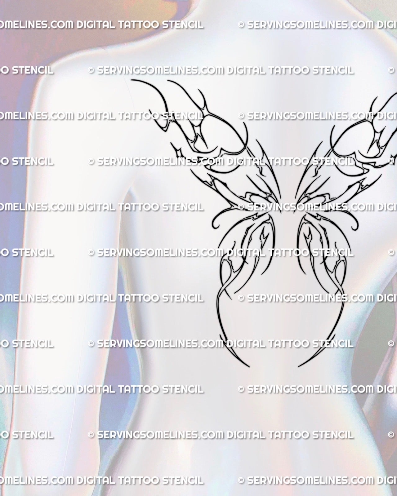 Upper back fairy wings tattoo stencil on female model, showing digital ornamental lines in minimalist cyber-tribal fairy wing outline style.