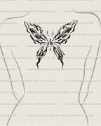 Upper back feminine placement of abstract fluid butterfly tattoo, marble swirl texture with ornamental lines and airy flow. 