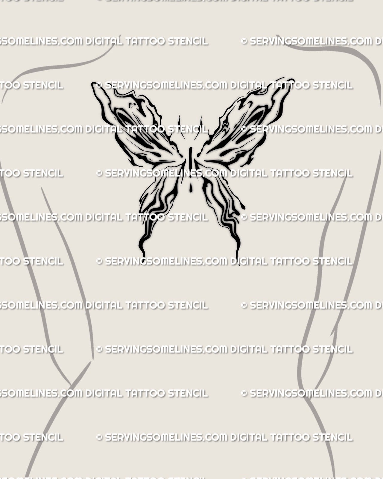 Upper back feminine placement of abstract fluid butterfly tattoo, marble swirl texture with ornamental lines and airy flow. 