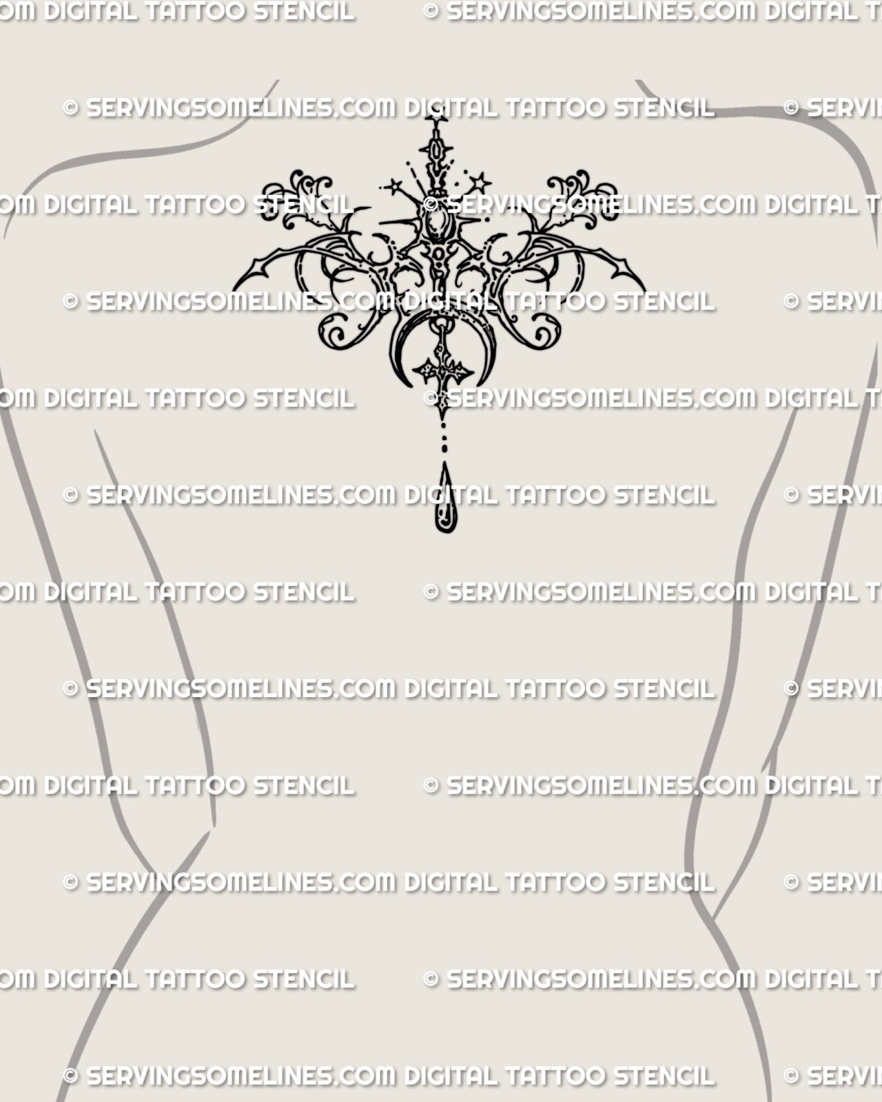 Celestial pendant cybersigil tattoo stencil centered on the upper back with moon and star motifs shown in a minimal placement preview