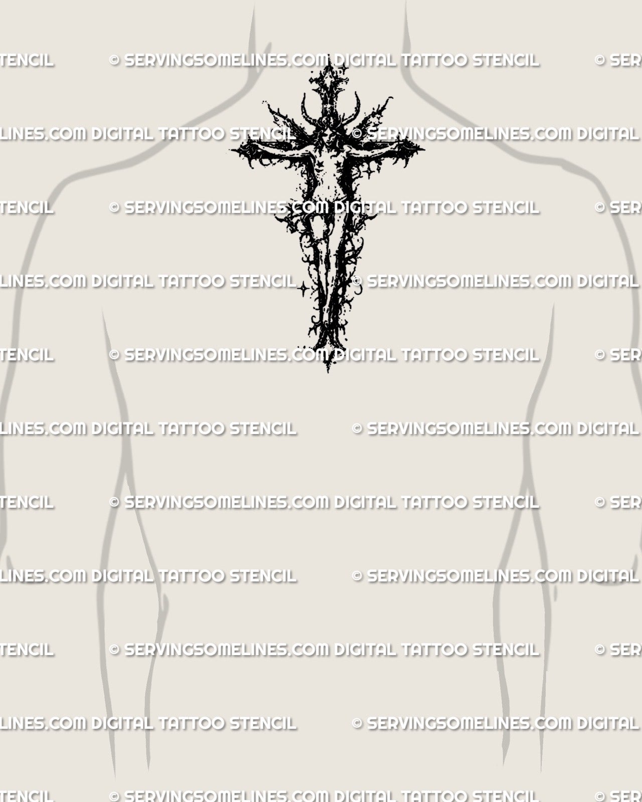 Small dark fairy cross tattoo stencil displayed on back of the neck placement example, thorn cross blackwork.