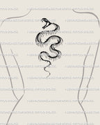 Snake skeleton tattoo displayed on upper back, ornamental serpent bones in elegant gothic black line art. 