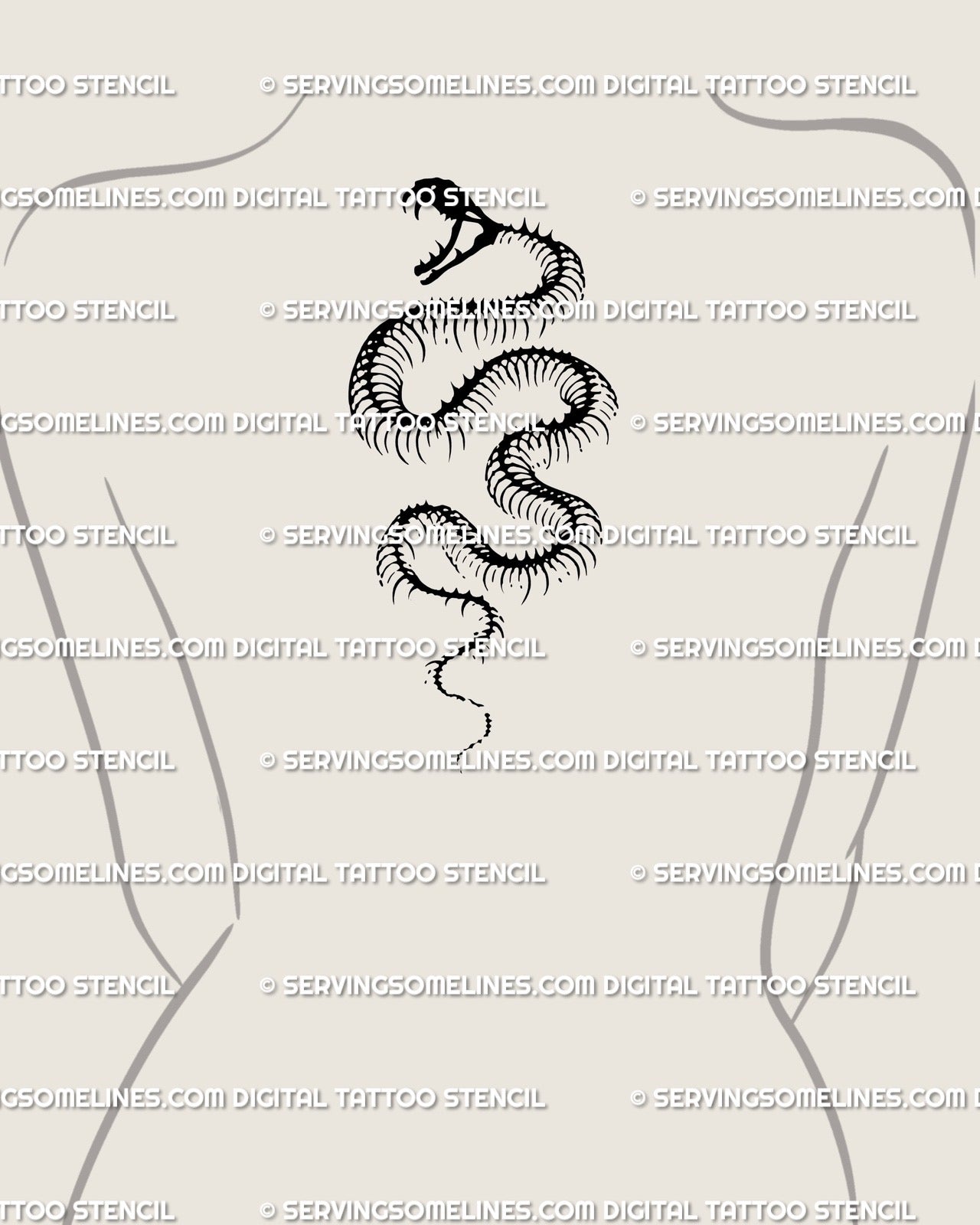 Snake skeleton tattoo displayed on upper back, ornamental serpent bones in elegant gothic black line art. 