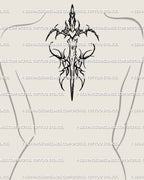 Centered upper back tattoo mockup for women showing ornamental sword with fairy wings, digital neotribal tattoo flash design. 