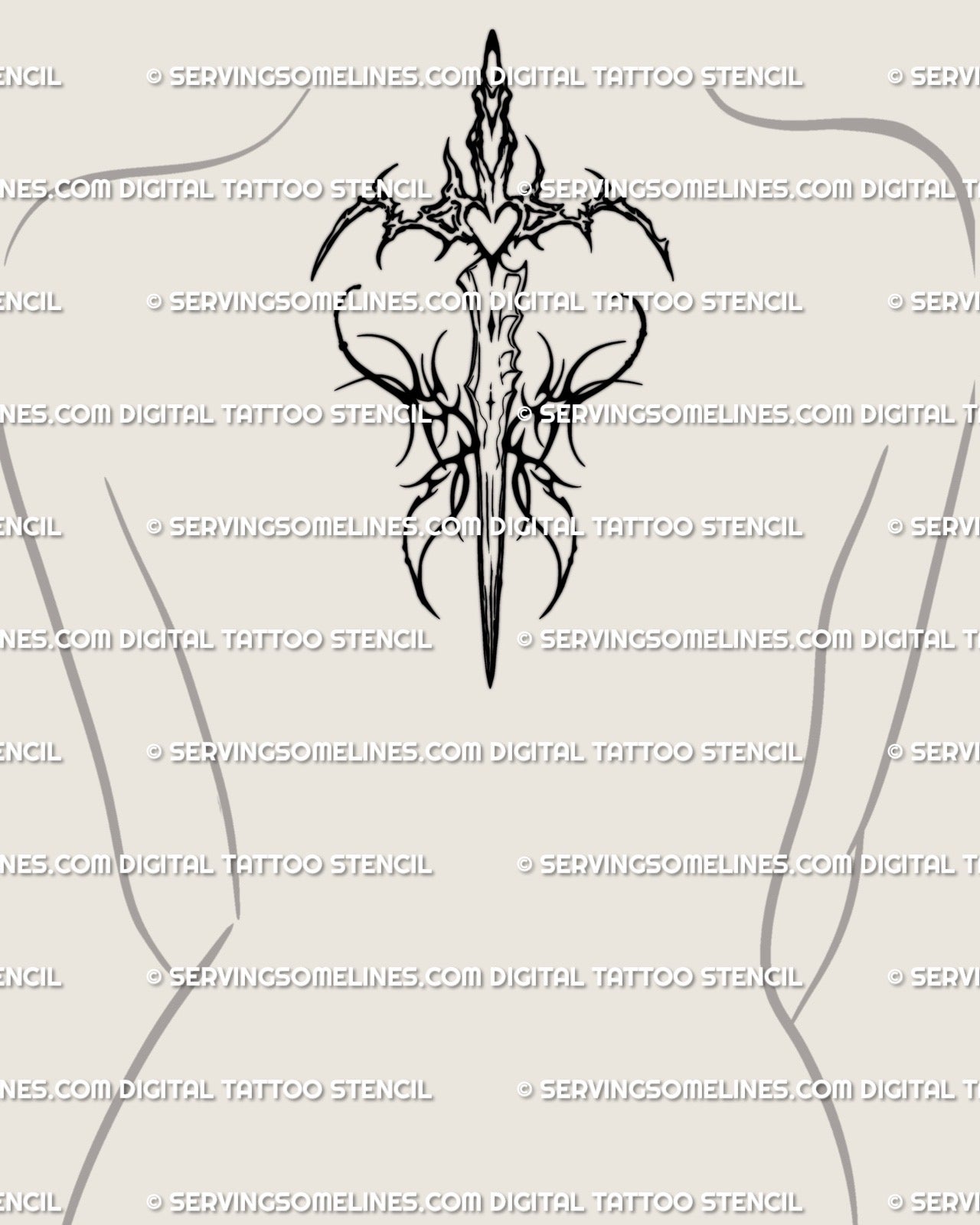Centered upper back tattoo mockup for women showing ornamental sword with fairy wings, digital neotribal tattoo flash design. 
