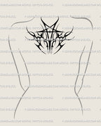 Medium-sized pentagram tattoo stencil placed on upper back, neotribal flames framing the star, gothic occult tattoo design ready for artist stencil use.