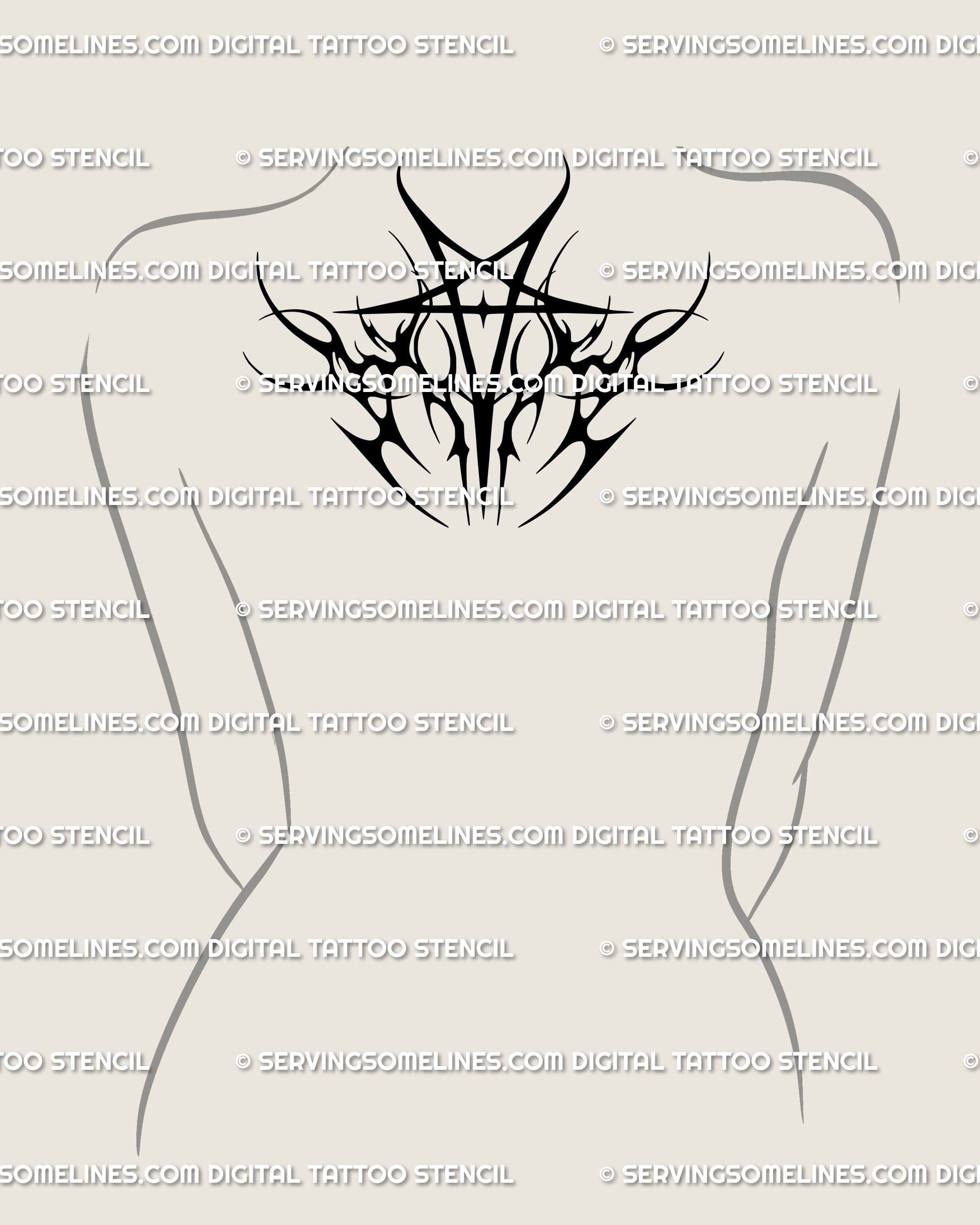 Medium-sized pentagram tattoo stencil placed on upper back, neotribal flames framing the star, gothic occult tattoo design ready for artist stencil use.